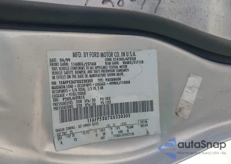 1999 Ford Taurus Se/Se-Ne из США, поврежденный, VIN 1FAFP53U7XG230305